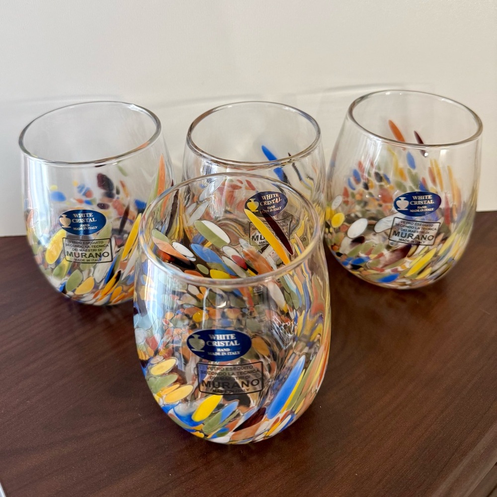 4-Set Murano Confetti Mosaic Art Glass Stemless Wine Tumblers Handmade In Italy - Picture 5 of 5